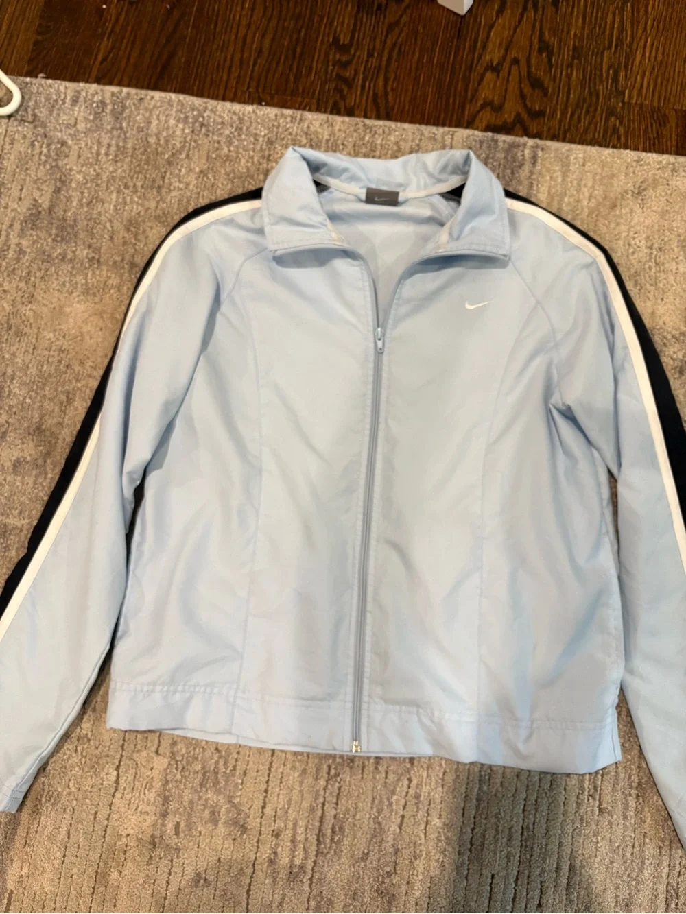 Nike Baby Blue Women’s Track Jacket with Black and White Stripes